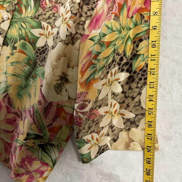 Tropical Button Up Silk Blouse Top Size XL Colorful Floral Leopard Hawaiian VTG - Picture 10 of 13
